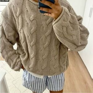 Cable Knit Roll Neck Tan Sweater